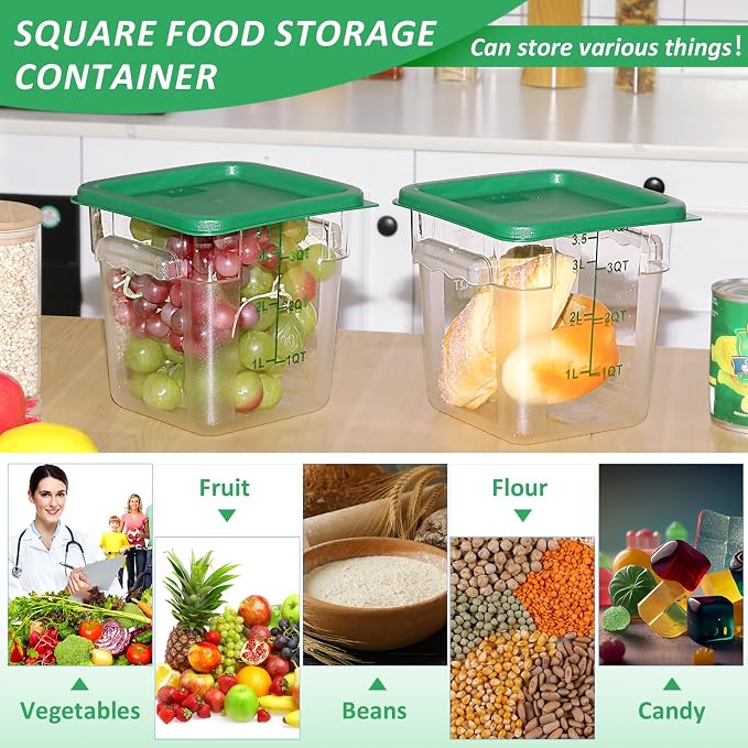 Yungyan 12 Pcs 4 Qt Commercial Food Storage Containers with Lids Restaurant Square Airtight Food Storage Containers Clear Cereal Containers for Kitchen Freezer Dishwasher Pantry(Green Lid) - Image 6