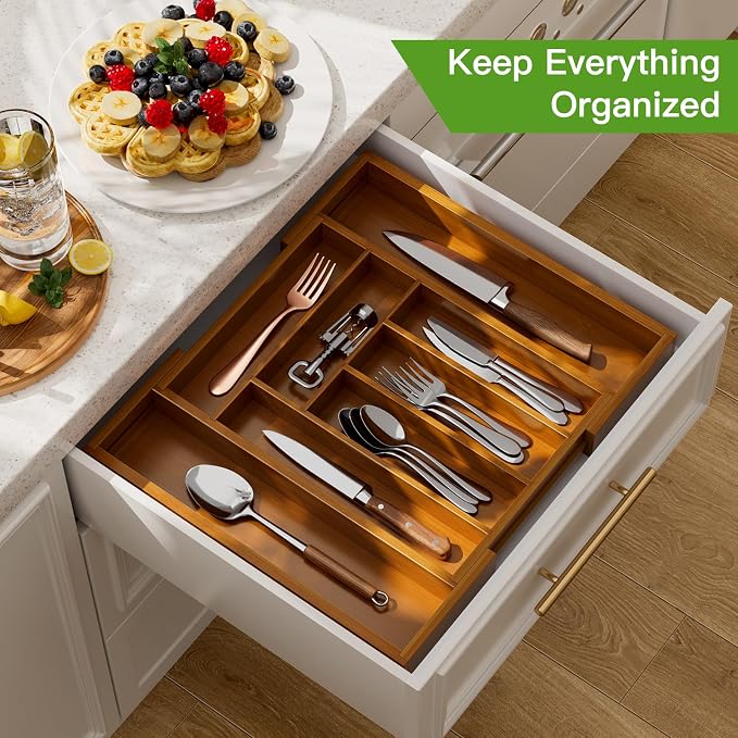 Pipishell Bamboo Expandable Drawer Organizer for Utensils Holder, Adjustable Silverware Organizer Cutlery Tray, Drawer Dividers for Utensils, Flatware, Knives in Kitchen, Bedroom, Living Room Brown - Image 2