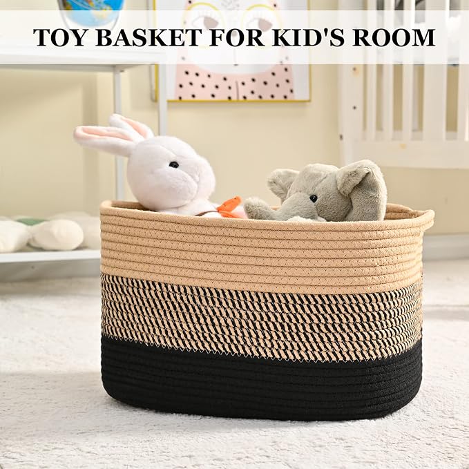 Cotton Rope Storage Baskets for Organizing 3Pack 15"x10"x9" Woven Baskets for Storage,Shelf Baskets Cube Storage Bins Towel Baskets,Toys Baskets Nursery Basket Laundry Baskets(Black/Brown) - Image 6