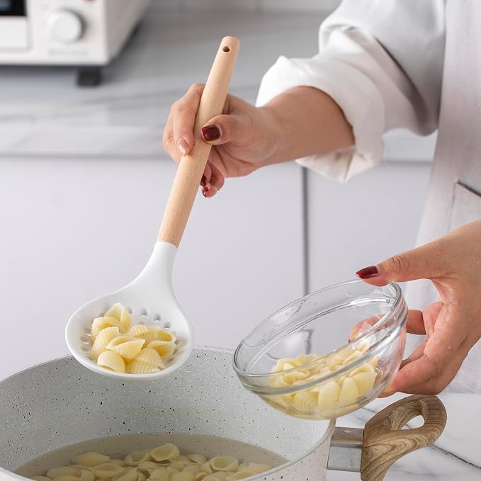 Country Kitchen Non Stick Silicone Utensil Set with Rounded Wood Handles for Cooking and Baking, 14 Piece Set, White - Image 5