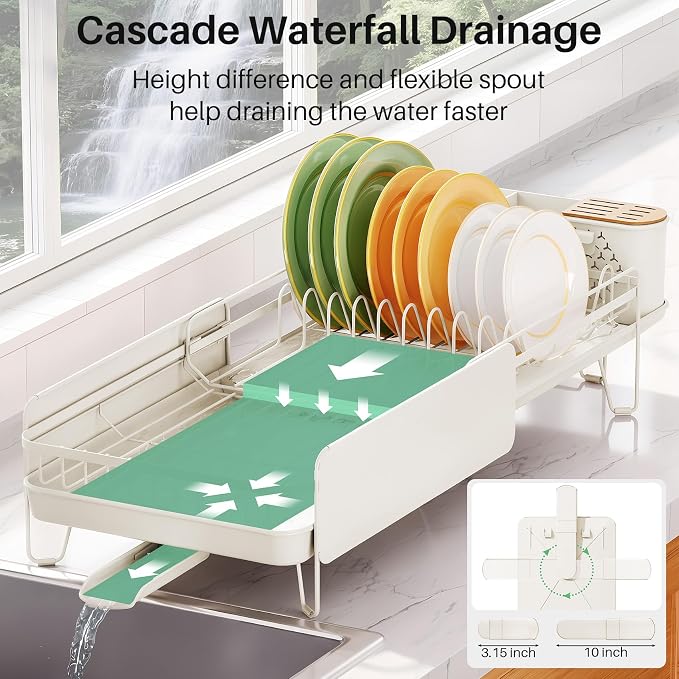 SNTD Large Dish Drying Rack for Kitchen Counter, Expandable, White | Stainless Steel Dish Drainer, Adjustable Length 18.9''-29.3'', Automatic Drainage, 360° Spout, Cutlery Holder with Knife Slot - Image 4