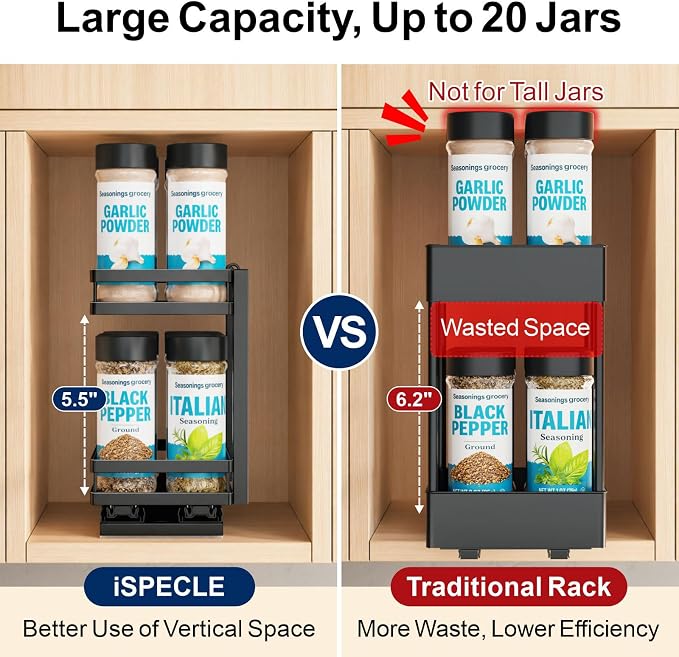 Pull Out Spice Rack - 2 Pack for Inside Cabinet with Front Lips | Peel-and-Stick No Drilling Setup, Smooth Slide Access for 1-8 Oz Spice Jars, Cabinet Storage, Daily Cooking Use, Daily - Image 4