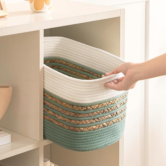UBBCARE 2 Pack Baskets for Organizing, Woven Storage Baskets for Toys and Towel, Rectangle Cotton Rope Basket with Handles, 14''L x 8''W x9''H, Green - Image 7
