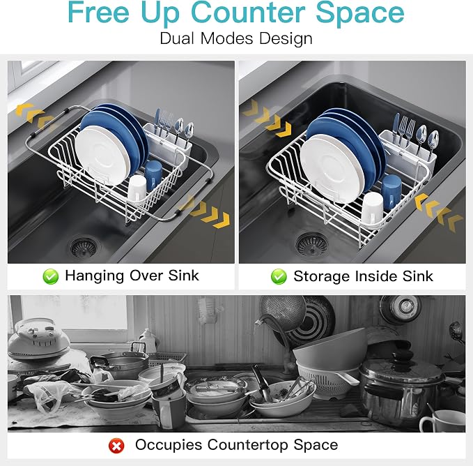 JASIWAY White Dish Drying Rack in Sink with Utensil Holder, RV, Apartment | Over Sink Expandable Stainless Steel Dish Drainers for Compact Kitchen, Space Saving, Fast Drain, Rustproof, For 1-2 people - Image 2