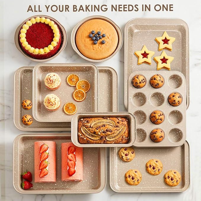 11 Piece Baking Pan Set | Nonstick & Non Toxic Bakeware Sets Baking Set | Carbon Steel Baking Supplies Include Notebook, Cookie Sheets, Roasting Pan, Muffin Pan, Cake Pan, Pizza Pan, Loaf Pan - Image 6