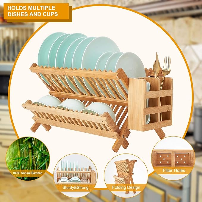 Bamboo Dish Drying Rack, 2 Tier Collapsible Dish Rack with Utensil Holder, Wooden Dish Drying Rack for Kitchen Counter, Large Folding Drying Holder, Dish Drainer 34 pcs Grid - Image 7