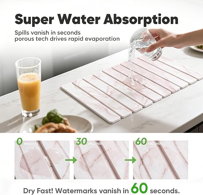 Stone Drying Mat for Kitchen Counter, Quick Diatomaceous Earth Mats for Dishes, 24"L x 16" W Super Absorbent Fast-Drying Collapsible Countertop Stone Mat (Marble White-07, 24" x 16") - Image 5
