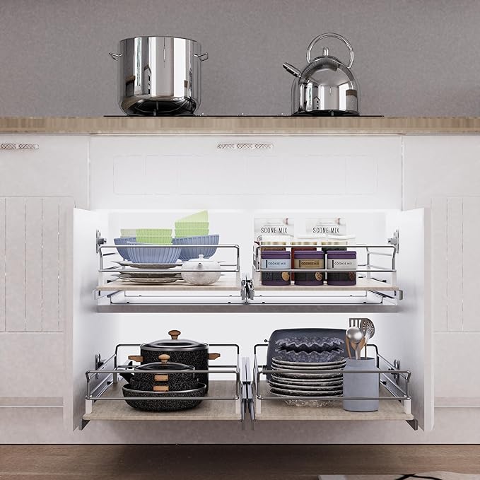 Pull Out Cabinet Organizer 17.45" W X 22" D, Wood & Chromed | Full Slide Out Drawers For Kitchen Cabinets, Cabinets Capacity Heavy Duty Caddy, Cabinet Pullout Shelves , Pantry Storage - Image 4