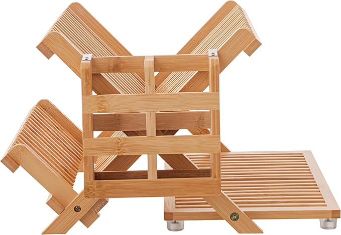 HBlife Bamboo Dish Drying Rack with Utensil Holder, 3-Tier Large Collapsible Wooden Dish Drainer Rack, Folding Drying Holder Dish Drainer for Kitchen Counter by HBlife