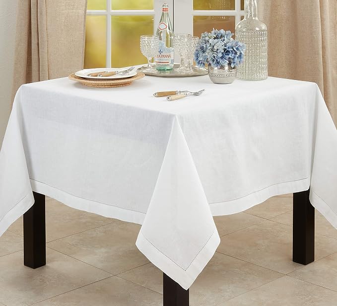 SARO LIFESTYLE Hemstitched Tablecloth - Linen Blend Tablecloth for Weddings, Holiday Dining, Dinner Parties & Everyday Table Décor, 72"x72", White - Image 2