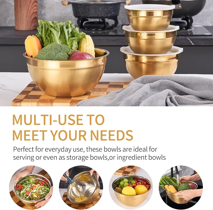 Gold Mixing Bowls with Airtight Lids, Stainless Steel Nesting Mixing Bowls Set of 7, Ideal for Baking, Prepping and Serving Food, Size 7, 3.6, 2.7, 2.1, 1.5, 1.1,0.8 QT, Stackable Design - Image 3