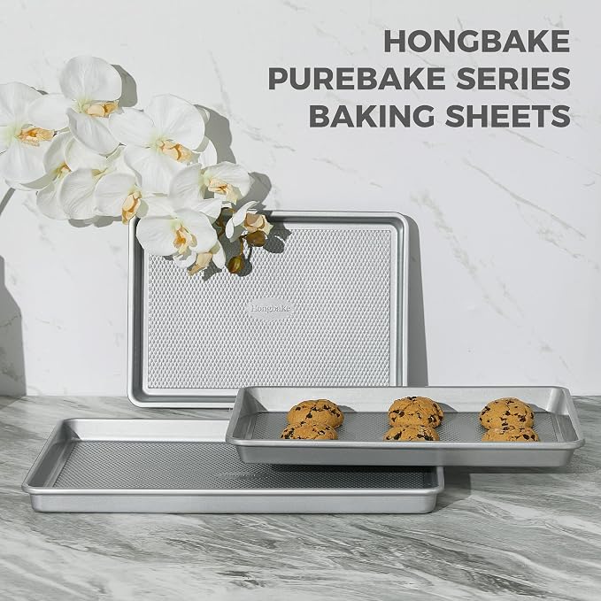 Naturally Non Toxic Baking Sheet Pan Set of 3, Heavy Duty Aluminized Steel Cookie Sheets, Half/Quarter/Jelly Roll Pans with Textured Nonstick Surface, Free of PTFE & PFOA - Image 4