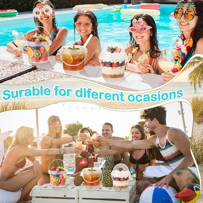 50 Pcs Bucket Cups Bulk Reusable Plastic Drink Buckets with Lids Dome Forks and Straws 24 oz Ice Cream Freezer Food Storage Containers for Popcorn Pail Outdoor Travel Beverage Party Picnic - Image 6