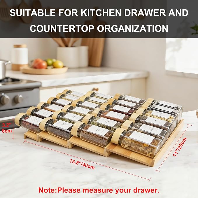 Spice Drawer Organizer with 24 Bamboo-lidded Spice Jars,216 Labels,25 Non-slip Rubber, Bamboo 4 Tier Seasoning Rack Tray Insert for Kitchen Drawers,Cabinets,Countertop,11" Wide x 15.8" Deep - Image 7