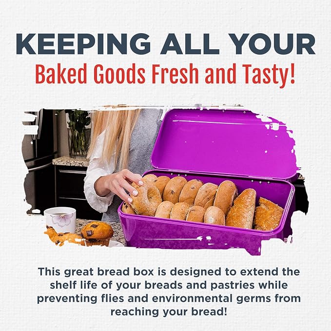 Culinary Couture Extra Large Purple Bread Box for Kitchen Countertop - Holds 2 Bread Loaves! - 16.5" x 9" x 6.5" - Stainless Steel Vintage Bread Boxes for Kitchen Counters - Bonus Recipe Ebook - Image 3