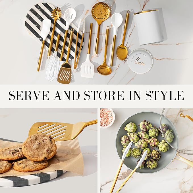 STYLED SETTINGS White and Gold Cooking Utensils Set, 13-Piece | Kitchen Set with White Ceramic Utensil Holder and Stackable Gold Spoon Rest - Luxury Kitchen Accessories for Stylish Cooking - Image 4