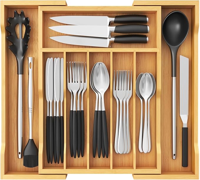 Lifewit Silverware Drawer Organizer, Expandable Utensil Tray for Kitchen, Flatware and Cutlery Holder, Wood Adjustable Storage for Spoons Forks Knives, 13-22x15/ 33-56x38cm, Natural | Expandable Flatware and Cutlery Holder, Adjustable Storage for Spoon... by Lifewit