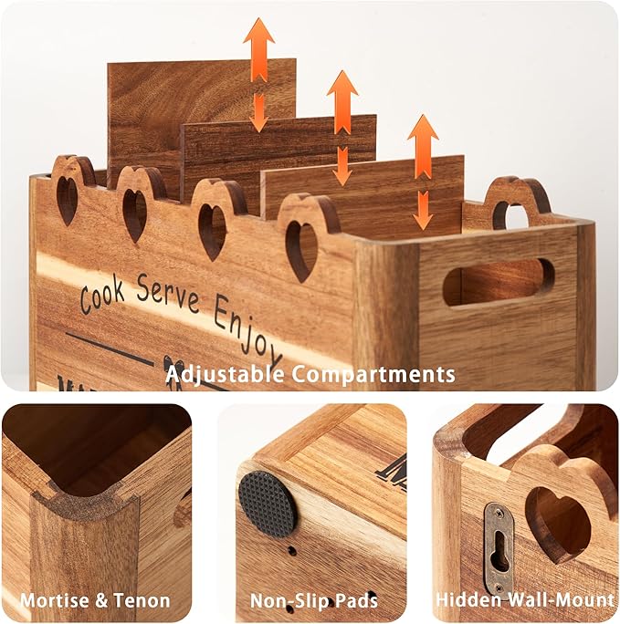 Kitchen Utensil Holder, Large Acacia Wood Organizer for Countertop | Extra Large Farmhouse Style with 4 Compartments, Rustic Wooden Storage for Cooking Tools & Cutlery - Image 3