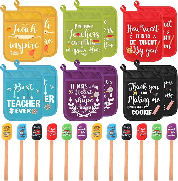 Yaomiao 24 Pcs Teacher Appreciation Pot Holders with Silicone Spatula Set Silicone Spatula Set with Wooden Handles Pot Holders Thank You Teacher Kitchen Utensils Baking Gifts for Teacher's Day by Yaomiao