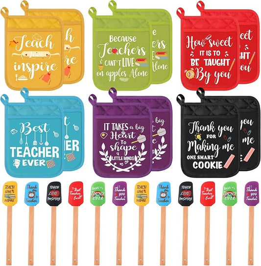 Yaomiao 24 Pcs Teacher Appreciation Pot Holders with Silicone Spatula Set Silicone Spatula Set with Wooden Handles Pot Holders Thank You Teacher Kitchen Utensils Baking Gifts for Teacher's Day by Yaomiao