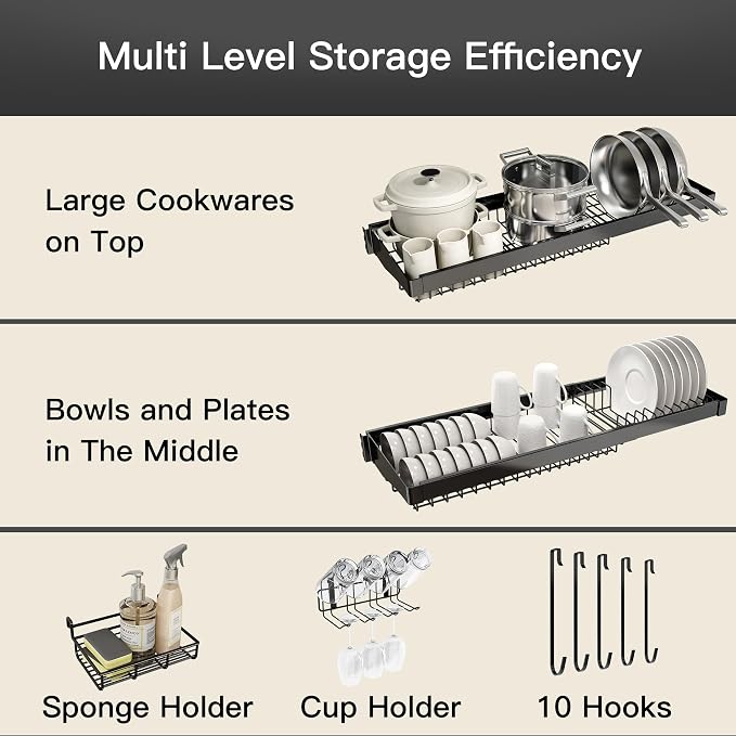 Over The Sink Dish Drying Rack, Extra Large Capacity Dish Drainer | 3 Tier Extra Large All Stainless Steel Expandable Plate Strainers, Rustproof Metal, Counter Space Saving, Modern Black - Image 4