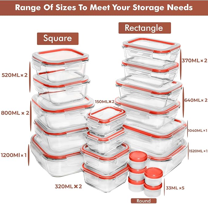 Razab 35 Pc Set Glass Food Storage Containers with Lids - Meal Prep Airtight Bento Boxes BPA-Free 100% Leak Proof (15 lids,15 glass & 5 Plastic Sauce/Dip Containers) - Image 2