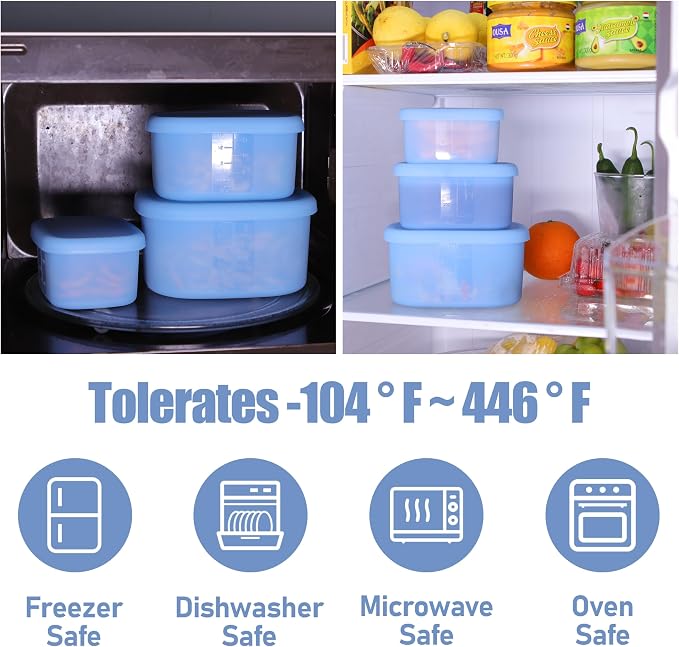 Silicone Food Storage Containers with Airtight Lids, Set of 6, 8oz + 16oz + 24oz, Nesting Meal Prep Container for Lunch, Leftovers, Fruits, Dishwasher & Microwave & Freezer Safe, Green + Blue - Image 4