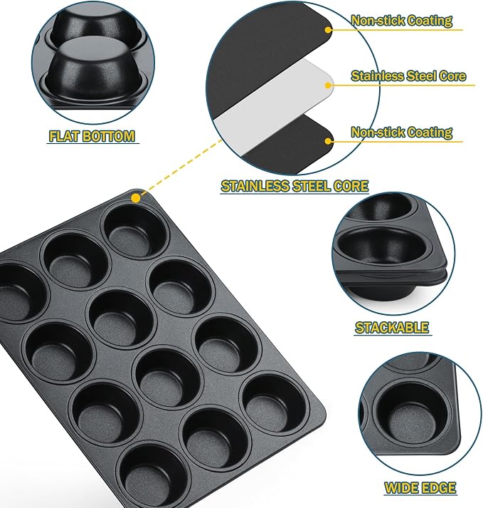 E-far Nonstick Muffin Pan 12 Cups Set of 2, Stainless Steel Muffin Tin Cupcake Pan Tray for Baking, Stainless Steel Core & Non Toxic, Easy Release & Easy Clean, Black - Image 3
