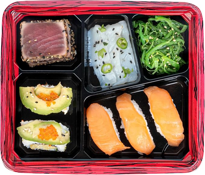 Restaurantware-Bento Tek 18.3 Ounce Meal Prep Containers, 50 Disposable To Go Food Boxes - Lids Sold Separately, 5 Compartments, Red And Black Plastic Bento Lunch Boxes, Freezable, For Take Out - Image 10