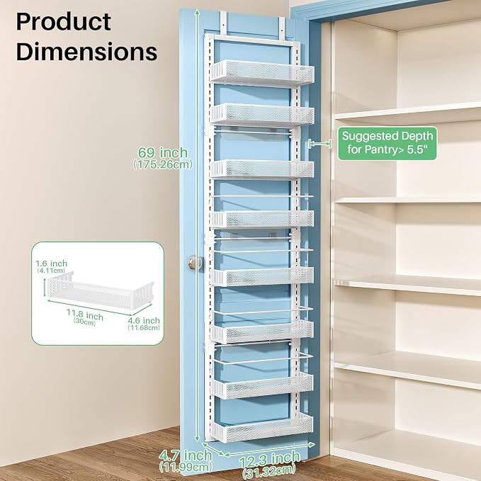 SNTD 8 Tiers Narrow Over the Door Organizer, 12.3"W x 4.7"D x 69"H, White | Pantry Door Organizers and Storage, Height Adjustable Spice Rack, Dense Mesh Baskets, Anti-Swing, Adjustable Door Fastener - Image 2