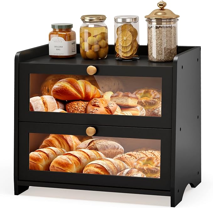 Double Layer Bread Box Container for Kitchen Countertop Homemade Bread | Large Breadbox Storage Wooden Farmhouse Bread Holder (Black, Medim-15.7" L x 9.5" W x 13" H) by JANSNIMEN