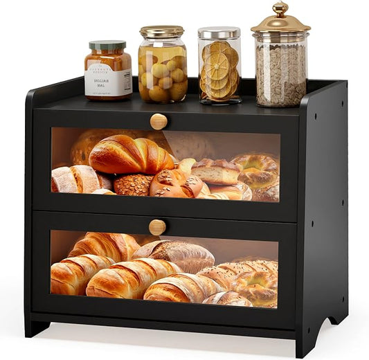 Double Layer Bread Box Container for Kitchen Countertop Homemade Bread | Large Breadbox Storage Wooden Farmhouse Bread Holder (Black, Medim-15.7" L x 9.5" W x 13" H) by JANSNIMEN