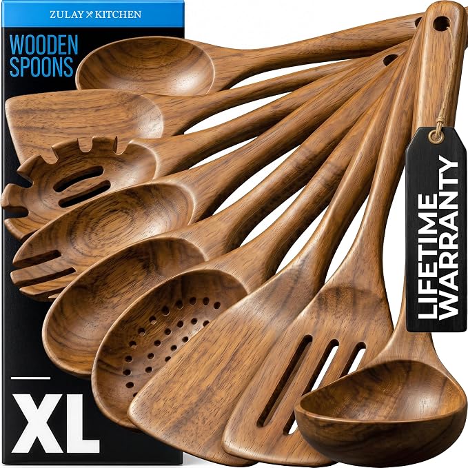 Zulay Kitchen 9-Piece Teak Wood Cooking Utensil Set – Non-Toxic & Non-Stick Safe Wooden Spoons & Kitchen Tools with Comfortable Grip, Smooth Finish Natural Teak – Perfect Kitchen Gift Set by ZulayKitchen