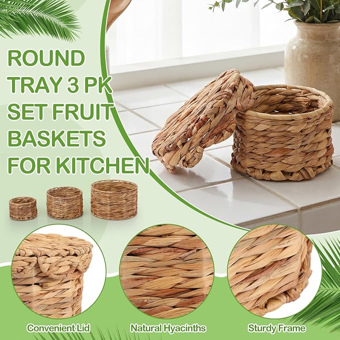 Set of 3 Scalloped Wicker Storage Baskets with Lid Round Rattan Woven Basket 11'' 8.7'' 6.3'' Natural Water Hyacinth Decorative Boxes for Organizing Nursery Home Closet Shelf Decors, 3 Sizes - Image 5