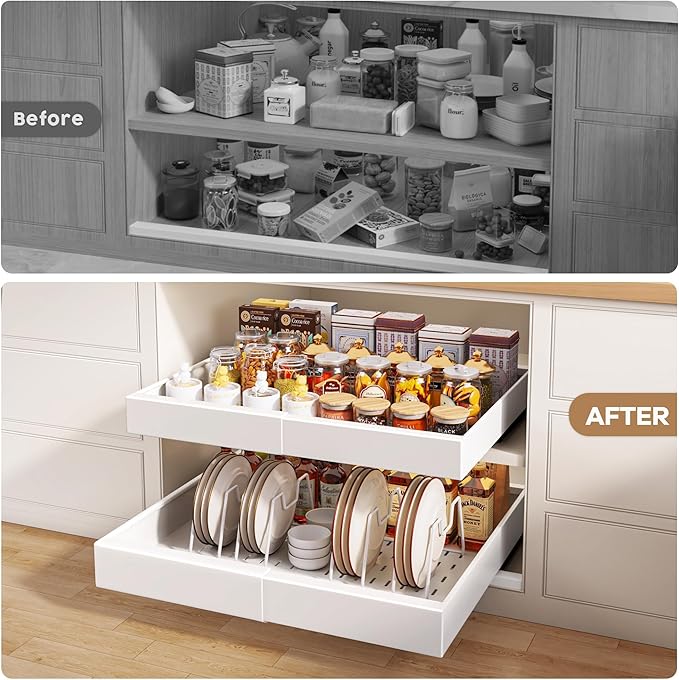 Seinloes 4 Pack Pull out Cabinet Organizer 21"Deep with Raising Pad for Framed Cabinets, Expandable Slide out Drawers for Kitchen Cabinets with 4pcs Divider Racks, Roll out Shelves 12.1"-20.4" W White - Image 6