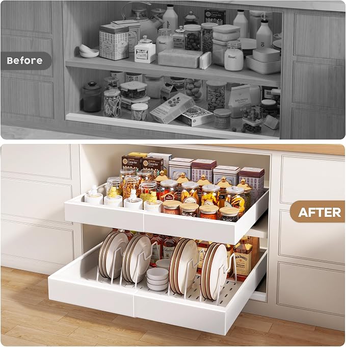 Seinloes 4 Pack Pull out Cabinet Organizer 21"Deep with Raising Pad for Framed Cabinets, Expandable Slide out Drawers for Kitchen Cabinets with 4pcs Divider Racks, Roll out Shelves 12.1"-20.4" W White - Image 6