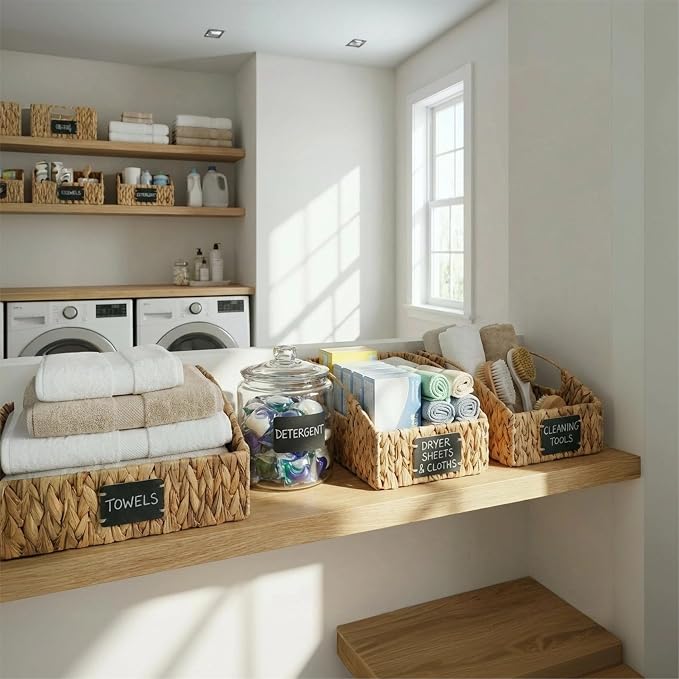 Water Hyacinth Pantry Baskets Set of 3, Chalkboard Labels | Wicker Baskets for Shelves, Woven Pantry Organizer, Laundry Room, Bathroom & Bedroom Storage, Cutout Handles, Large + 2 Small - Image 4