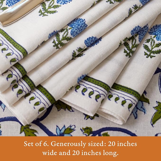 100% Blue Cotton Dinner Napkins, Set of 6, Hand Printed Moonlit Taj Design, Fair Trade, Washable Cloth Napkins for Parties & Cocktails 20x20 in - Image 4