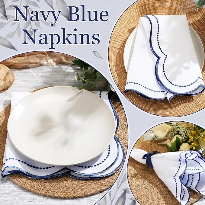 Hahafelt Cloth Napkins 18x18inches Scalloped Embroidery Cloth Napkins Washable Polyester Table Dinner for Hotel Restaurant Weddings Events Parties(Navy Blue,12 Set) - Image 3