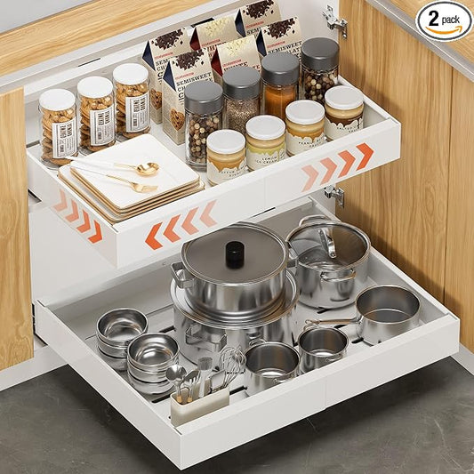 2 Pack 16.5" Deep Pull Out Cabinet Organizer, Adjustable Width (12.2"-20.4") Pull Out Drawers for Frameless Cabinets, Upgrade 3 Slide Rails Slide Out Drawers for Kitchen Cabinets by Unknown