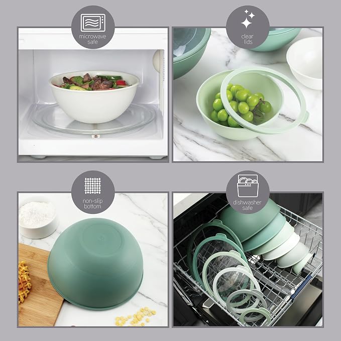 COOK WITH COLOR Mixing Bowls with Lids - 12 Piece Plastic Nesting Bowls Set includes 6 Prep Bowls and 6 Lids, Microwave Safe Mixing Bowl Set, Sage Tritan Lid - Image 4