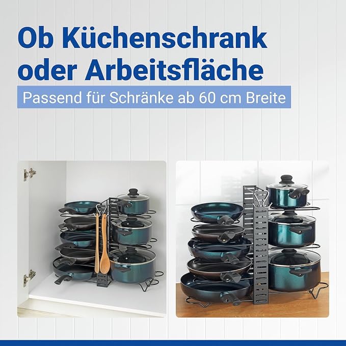 3-in-1 Pot and Pan Stand, Adjustable, Space-Saving, Holds up to 8 Pots, Pans and Lids, for Kitchen Cabinets from 60 cm Wide, Metal, 54.5 x 42 x 20 cm - Image 4