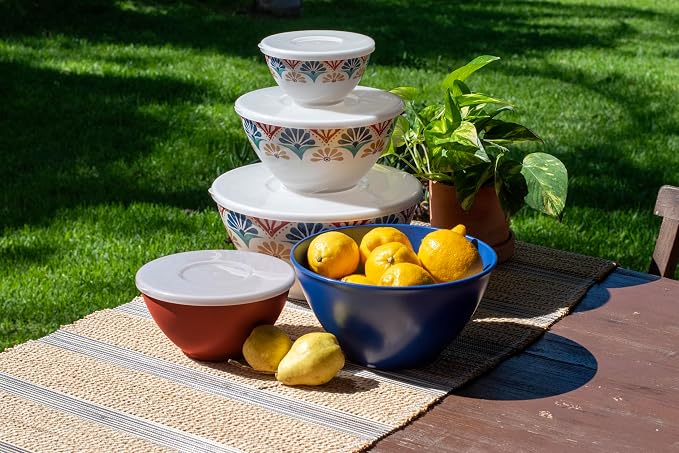 Rio Medallion Stackable Melamine Mixing Bowls with Airtight Lids, Durable Indoor/Outdoor Kitchenware, Shatter-Resistant, Dishwasher Safe for Mixing & Serving, Assorted Colors, Set of 5 - Image 2
