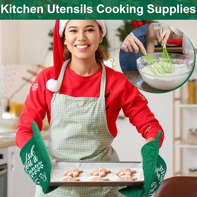 LemonRoad 12 Sets Christmas Whisk Baking Gift Set Xmas Silicone Whisks Oven Mitt Pot Holder Greeting Cards Ribbon Bags for Holiday Kitchen Utensils Cooking Supplies Neighbor Gift(Classic,Red, Green) - Image 5