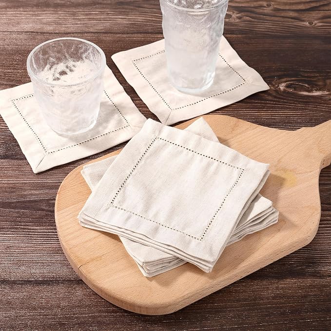 12pcs Linen Feel Cocktail Napkins, 6x6 Inch Reusable Cotton Cloth Serviettes Napkins Hemstitch Coaster Fabric for Wedding Birthday Baby Shower Party Home Table Bar Supplies (Natural) - Image 3