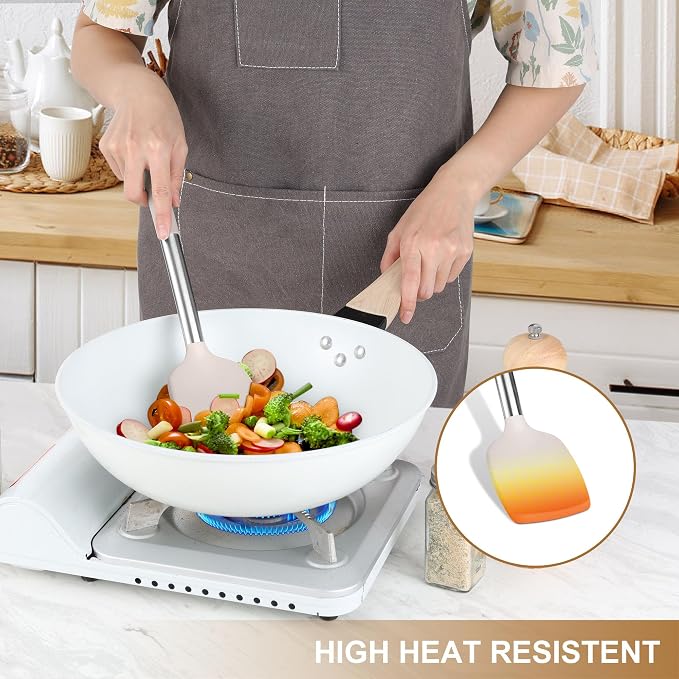 LIANYU 15 Pcs Cooking Utensils Set, Silicone Kitchen Tools with Holder | Heat Resistant, Kitchen Gadgets with Stainless Steel Handle, Brush Spatula Spoon Whisk for Cookware, Dishwasher Safe, Khaki - Image 4