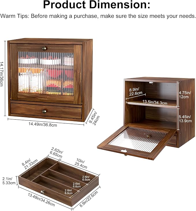 Alpeir Wooden Bread Box for Kitchen Countertop, Large Capacity with Ventilation Holes Adjustable Tiered-Shelf, Vintage Farmhouse Breadbox with Drawer & Window, Longer Freshness, Retro Brown - Image 6