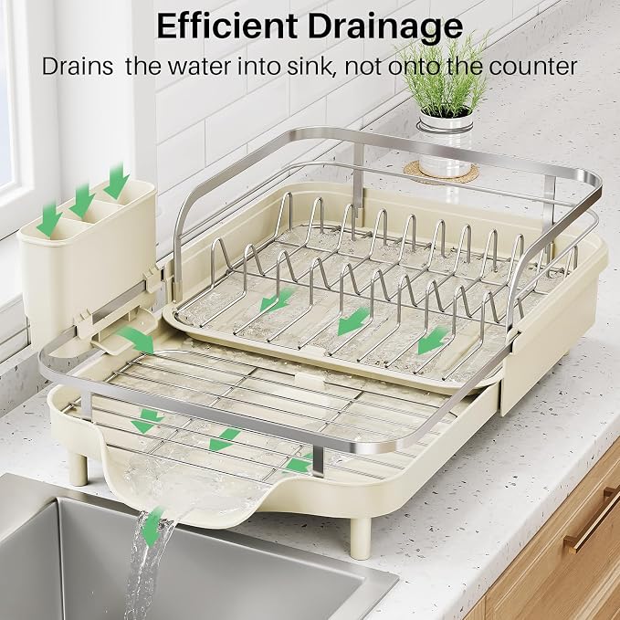 SNTD Expandable Dish Drying Rack for Kitchen Counter, 15.2-22.1 in, Beige | Rust-Resistant Stainless Steel, Protective Side Rails, Self-Draining Drainboard, Removable Utensil Holder - Image 4