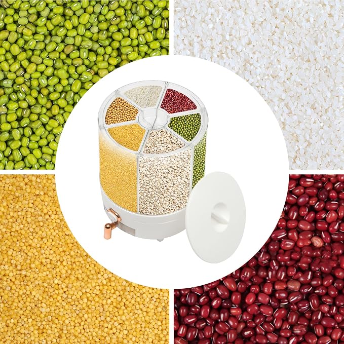 360° Rotating Grain Dispenser With 6 Grids, 13.2lbs Large Capacity Grain Dispenser Rotating Kitchen Storage Containers With Sealed Lid For Peanut Barley Millet And Cereal (White, 14.3 lbs) - Image 4