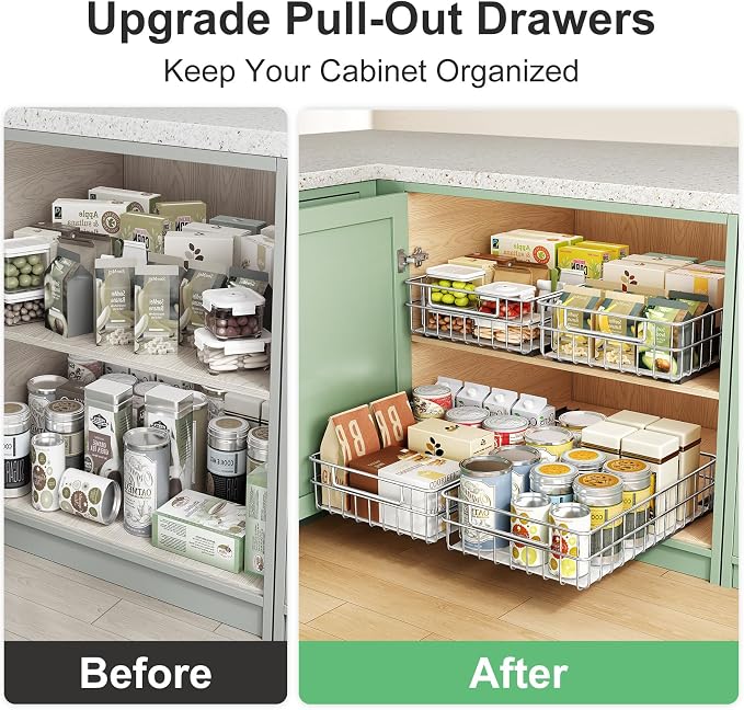 Pull out Cabinet Organizer, Stainless Steel 1-Pack (9.8"W x 16.5"D) Full-Extension Slide out Drawer, Adhesive Roll out Can Spice Storage Basket Shelf Rack for Pantry, Kitchen, Bathroom, Home Closet - Image 7